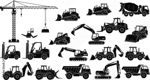 Construction vehicle silhouette set featuring heavy equipment icons of excavators, bulldozers, tower crane, cement mixer, forklifts, dump trucks, and backhoe loaders.