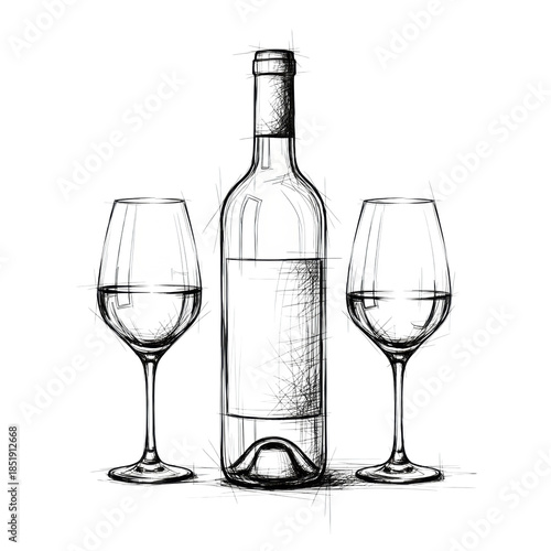 conceptual sketch illustration of a minimalist chilled white wine bottle and two symmetric tall-stem glasses, loose dynamic ink lines on a stark white background, concept for gastronomy and elegance