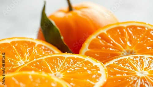 Juicy orange slices and a whole fruit with glistening water beads, showcasing its bright, refreshing appeal,  delicious,  natural