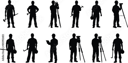 Construction worker silhouettes set featuring land surveyors with tripods, engineers holding blueprints, industrial builders with tools, and professional site personnel.