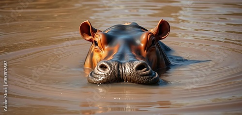 Hippopotamus emerges from the muddy river, eyes and nostrils above the water's surface,  emergent,  wildlife