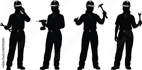 Female construction worker silhouettes set featuring women builders in hard hats holding hammer, wrench, power drill, and talking on phone.