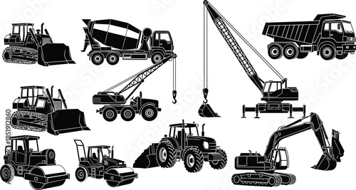 Heavy construction machinery silhouette set featuring excavator, bulldozer, cement mixer truck, dump truck, tower crane, road roller, and industrial tractor.