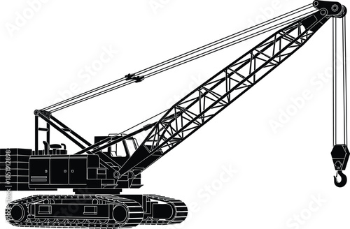 Heavy industrial crawler crane silhouette featuring lattice boom, hydraulic hoisting winch, metal tracks, and engineering machinery icon for construction site project.