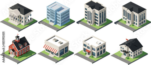 Isometric building collection featuring architectural 3D icons of school, hospital, office, retail shop, bank, and government municipal structures for city map.
