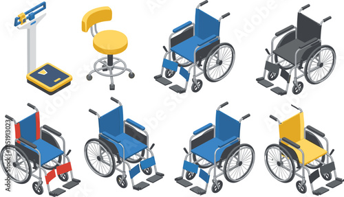 Isometric medical equipment collection featuring various wheelchairs, hospital weighing scale, clinical stool, mobility aids, healthcare disability icons, and professional patient care tools.