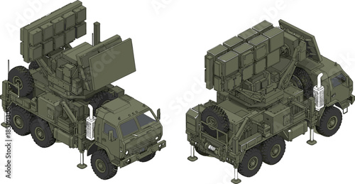 Isometric military missile launcher truck collection featuring mobile air defense system, radar equipment, army vehicle icons, and surface to air missiles.