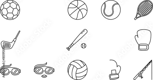 Collection of various sports equipment and fruits icons