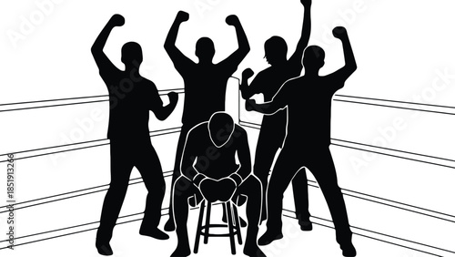 Boxers celebrate victory in the ring with one seated
