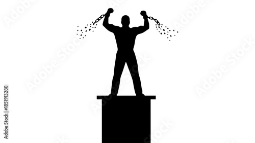 Man breaks free from chains standing on a pedestal