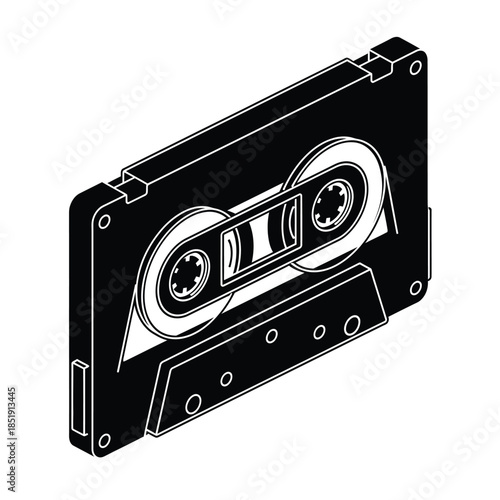 a black and white isometric illustration of a vintage audio cassette tape with visible spools and openings high quality professional detailed modern