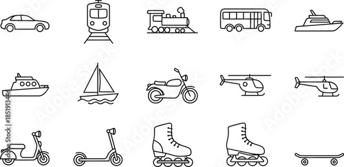 Transportation icons featuring various vehicles