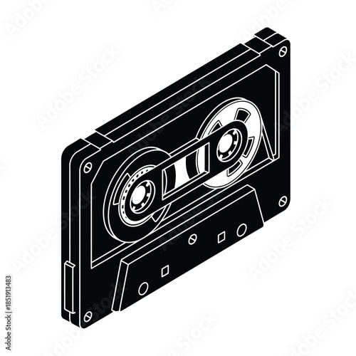 a detailed black and white isometric illustration of a vintage audio cassette tape showcasing its mechanical components and nostalgic appeal high quality