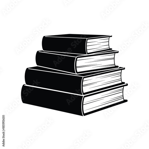 a simple monochrome illustration depicts a neatly stacked pile of four closed books suggesting knowledge learning and the joy of reading
