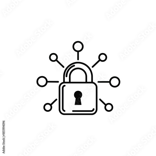 a simple black and white line drawing depicts a padlock surrounded by several small circular connections symbolizing security and interconnected networks