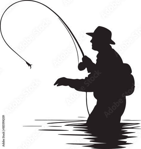 Silhouette of Angler Fly Fishing in Water with Curved Line