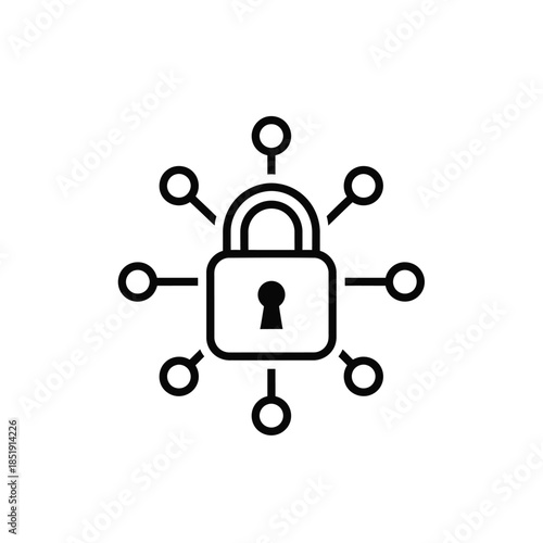 a simple black and white illustration depicts a padlock surrounded by several small circular connectors signifying data security high quality professional detailed