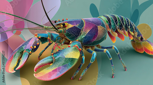 Vibrant, colorfully patterned crayfish with detailed texture on a pastel background.