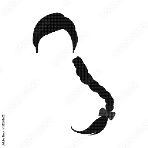 Black and white halftone illustration of a woman’s hairstyle with a side braid and smooth fringe, minimalist silhouette isolated on white background in vintage dot print style.