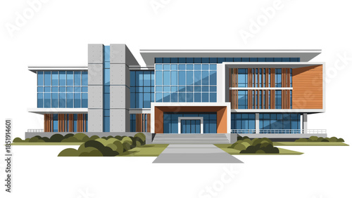 Modern building illustration with glass facade concrete and wood accents