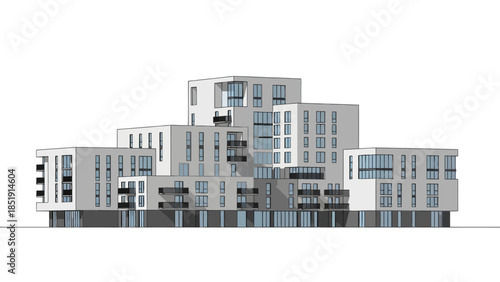 Modern multilevel white residential building elevation with dark base and glass windows