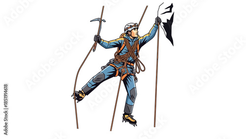 Mountaineer on rope holding ice axe and black flag