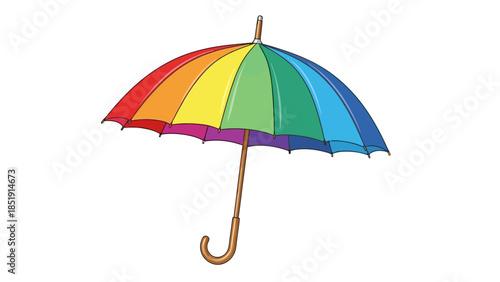 Open rainbowstriped umbrella with a curved wooden handle on white