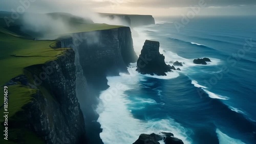 Dramatic ocean waves crash against rugged cliffs in misty landscape