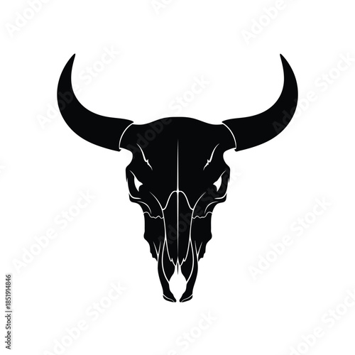 a striking black and white illustration depicts the frontal view of a bull s skull with long horns showcasing a stark