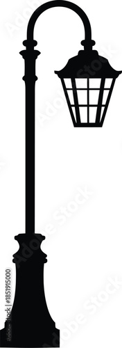 Black silhouette of a classic street lamp with a curved arm and a decorative lantern-style light fixture, isolated on a white background.
