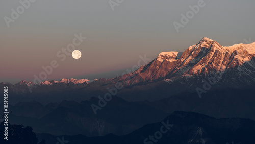 Full Moon over Snowy Himalayan Peaks at Sunrise, Poon Hill, Nepal