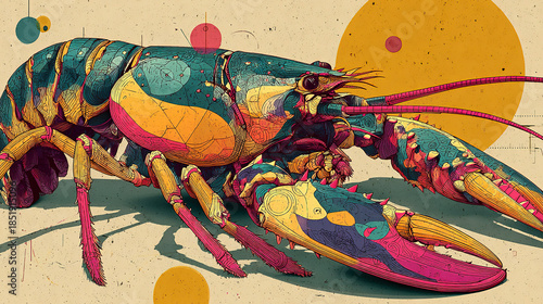 Vibrant, abstract illustration of a lobster with geometric patterns and bold colors.