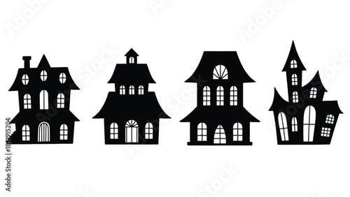 Set of spooky haunted houses in black silhouette on white