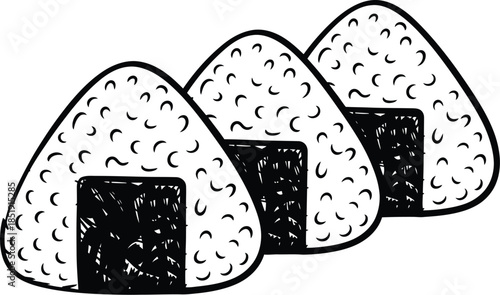 Hand-drawn sketch illustration of three traditional Japanese onigiri rice balls with nori seaweed wrappers.