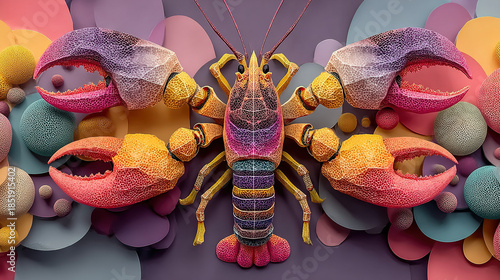 Colorful, stylized crab with vibrant patterns, surrounded by multicolored spheres.