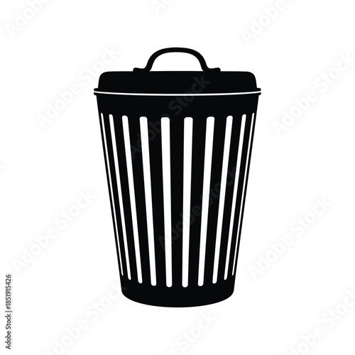a simple black and white illustration depicts a cylindrical trash can with a lid and vertical slats high quality professional detailed modern