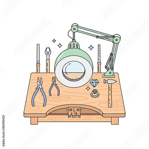 Jewelry making tools and magnifying glass on a wooden workbench with precision instruments