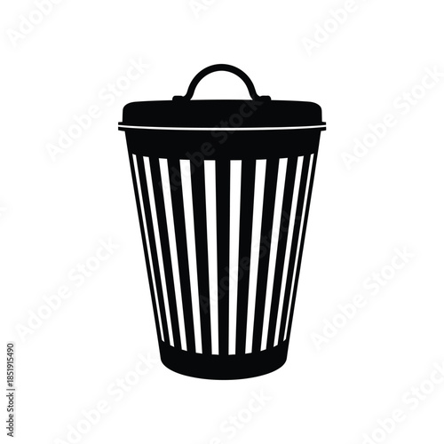 a simple black and white illustration depicts a cylindrical trash receptacle with a lid demonstrating a common waste container design high quality