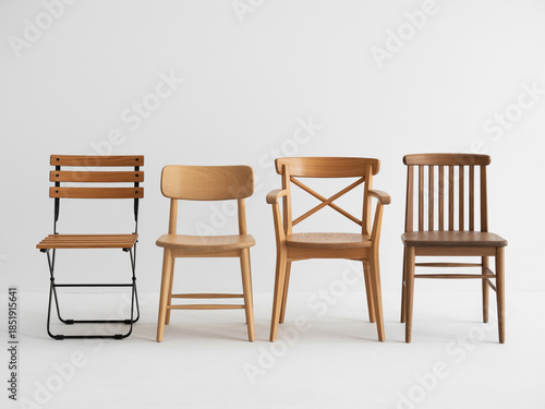 Four wooden chairs of different designs arranged in a row