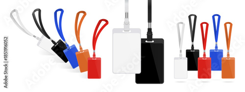 Realistic Lanyard and RFID Door Card Set Vector – Red, Blue, White, Black and Orange Employee ID Badge Holders with Plastic Access Card, Metal Clip and Blank Name Tag Mockup