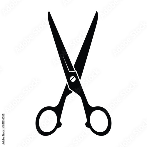 a simple black and white illustration depicts a pair of open scissors showing the blades and finger holes clearly high quality professional