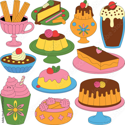 A colorful and cute collection of sweet dessert illustrations including cakes, puddings, and pastries