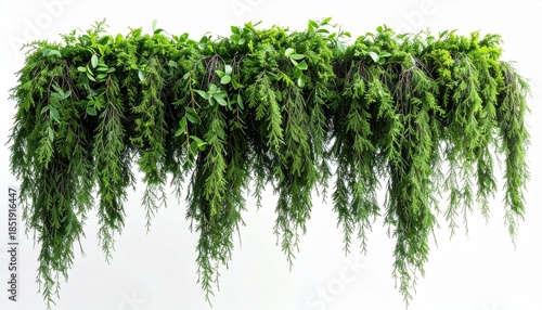Horizontal Hanging Greenery Border with Cascading Ferns and Evergreen Foliage Isolated on White