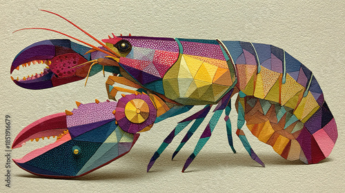 Colorful, geometric representation of a lobster in an artistic style.