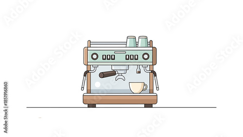 Vector illustration of a modern espresso machine with a cup and handles on a clean white background