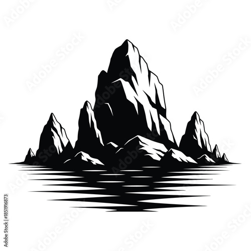 a striking monochrome illustration depicts a majestic mountain range reflected in the calm waters below creating a serene landscape high quality professional