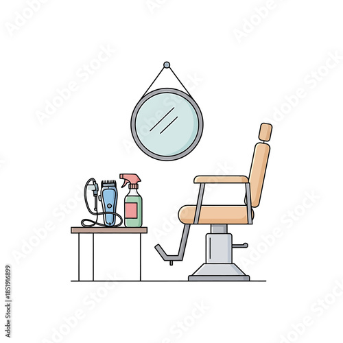 A vectorized illustration of a barber chair with grooming tools on a side table and a hanging mirror in a simple salon setting