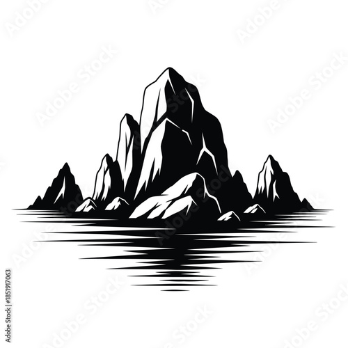 a monochromatic illustration depicts a serene landscape featuring jagged mountain peaks reflected in calm still waters creating a peaceful scene high quality