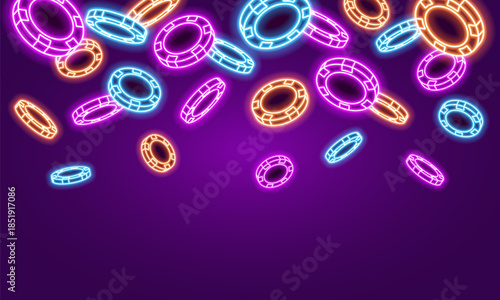 Neon poker chips on dark background. Bright glowing chips for casino and poker. Vector illustration.