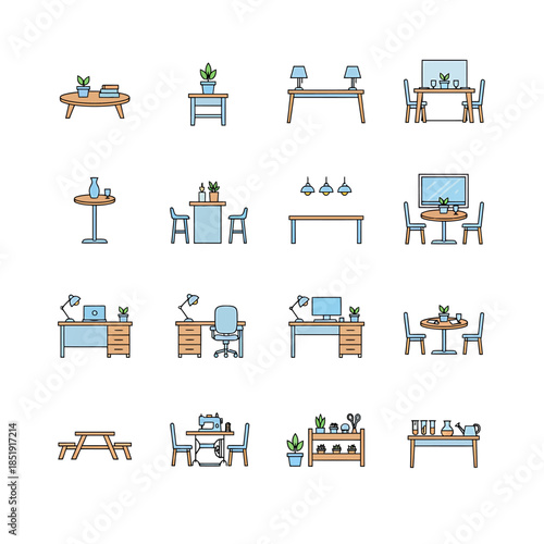 Vectorized illustration of various office and outdoor furniture setups in a minimalist style